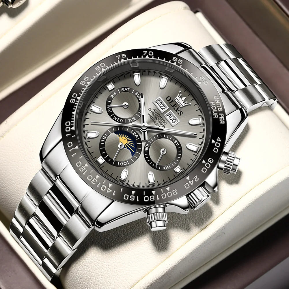 OLEVS 6654 Top Brand Men's Watches Classic Fashion Automatic Mechanical Watch for Man Complete Calendar Moon Phase Waterproof