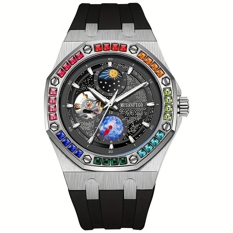 Men's Automatic Watch, Waterproof Watch, Rhinestone, Super Luminous Sun, Moon and Stars, Dial, Skeleton, Men's Gift Watch