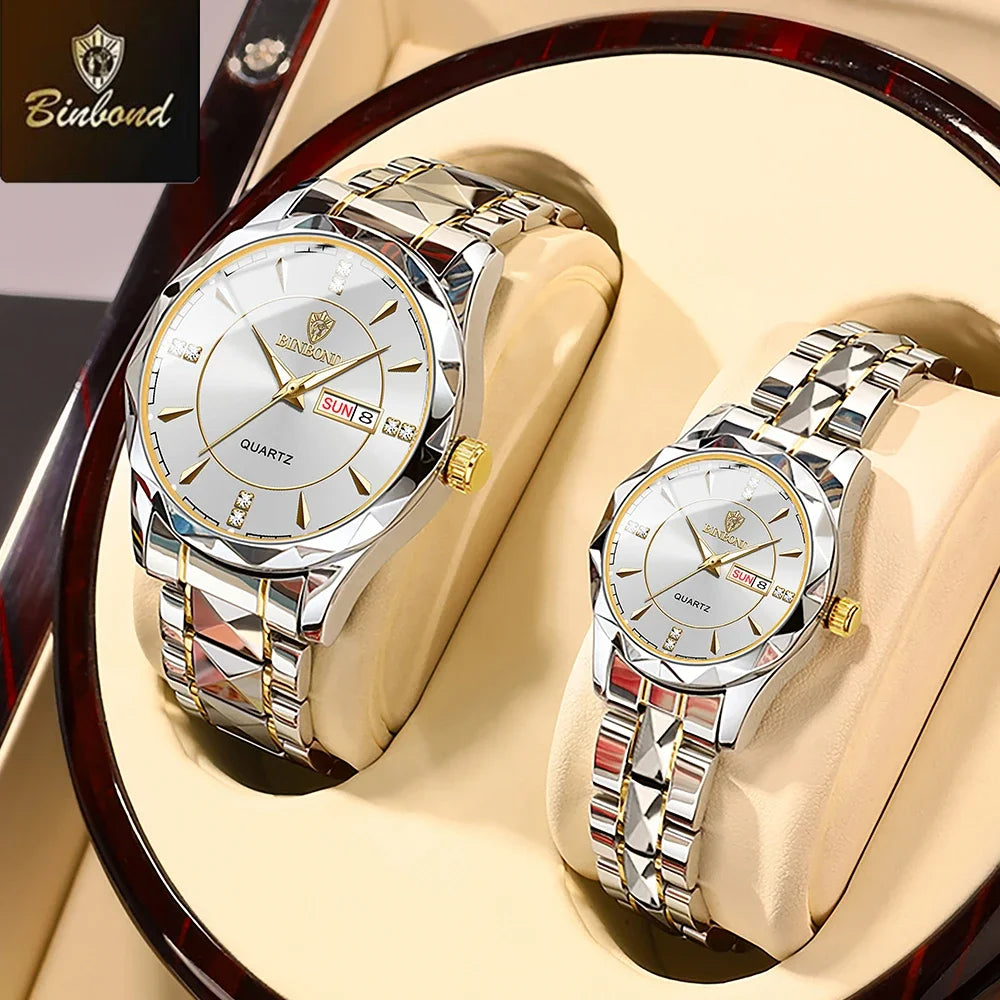 BINBOND Fashion Couple Watches Waterproof Diamond Valentine Day Lover Gift Stainless Steel Watch Men Women Quartz Watch 2pcs