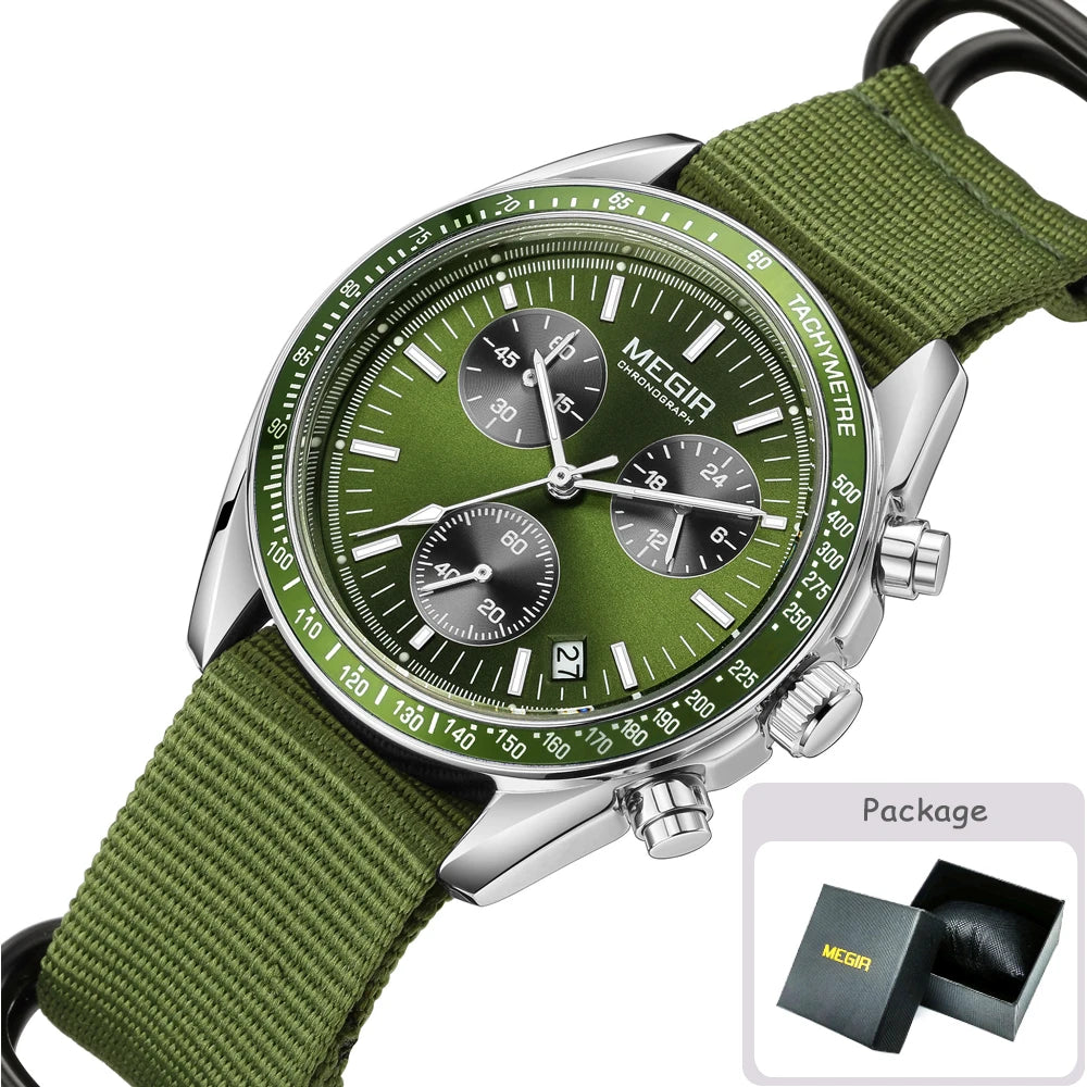 MEGIR New Luxury Men's Watches Canvas Weaving Strap Sport Automatic Chronograph Quartz Waterproof Wristwatch for Male 2247