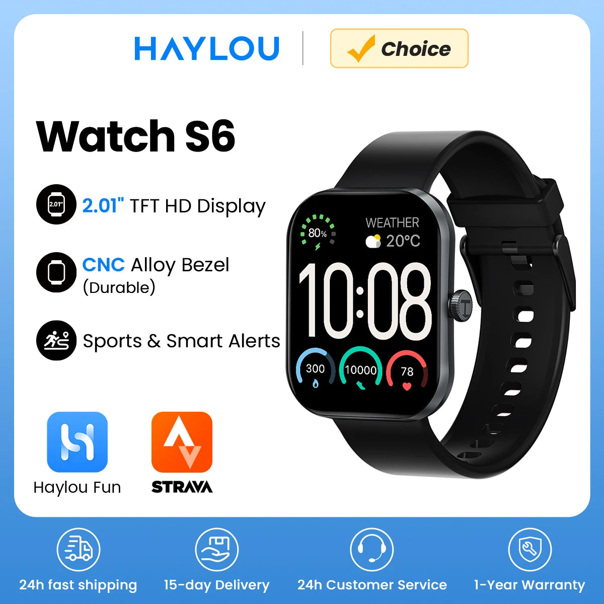HAYLOU Watch S6 Smartwatch 2.01" HD Display Smart Watch Bluetooth Voice Callings IP68 Waterproof Fitness Tracking Smartwatch