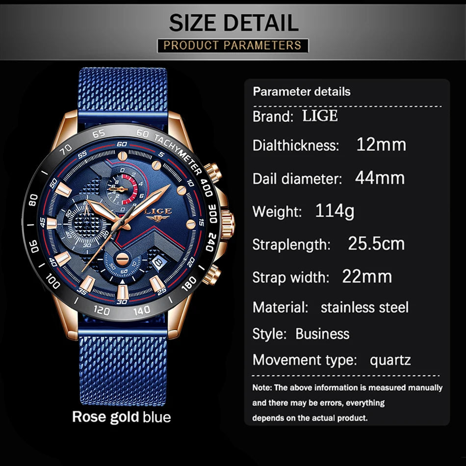 2025 New LIGE Fashion Mens Watches Stainless Steel Top Brand Luxury Sport Chronograph Quartz WithWatch For Men Relogio Masculino