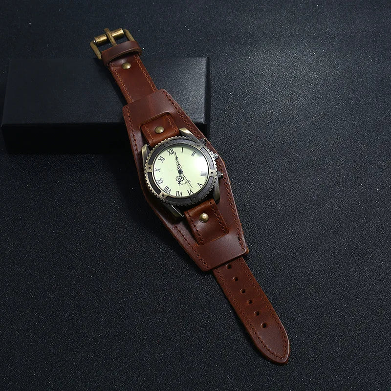Men Watches Fashion Punk Vintage Cow Leather Wristwatch Roman Numbers Dial Casual Watch Quartz Watch Gift Vintage Watch For Men
