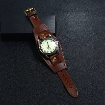 Men Watches Fashion Punk Vintage Cow Leather Wristwatch Roman Numbers Dial Casual Watch Quartz Watch Gift Vintage Watch For Men