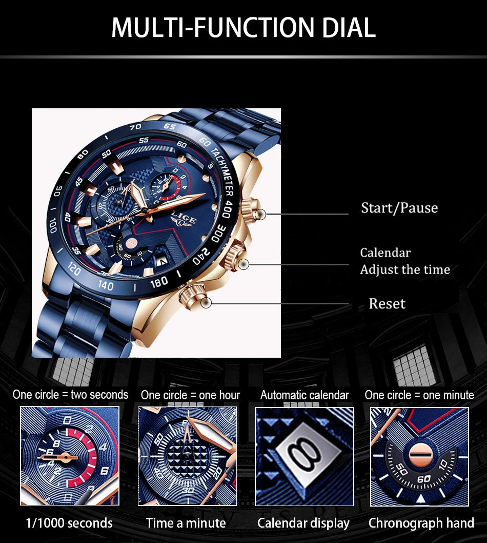2025 New LIGE Fashion Mens Watches Stainless Steel Top Brand Luxury Sport Chronograph Quartz WithWatch For Men Relogio Masculino