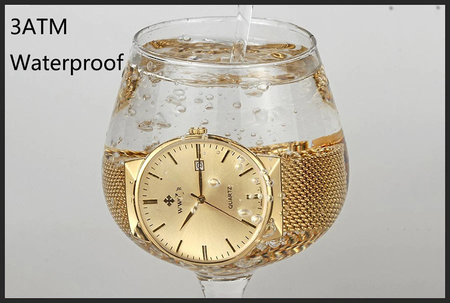 2022 Fashion Wwoor Top Brand Men Simple Slim Watches Luxury Gold Steel Mesh Ultra Thin Waterproof Date Wrist Watch Golden Clock