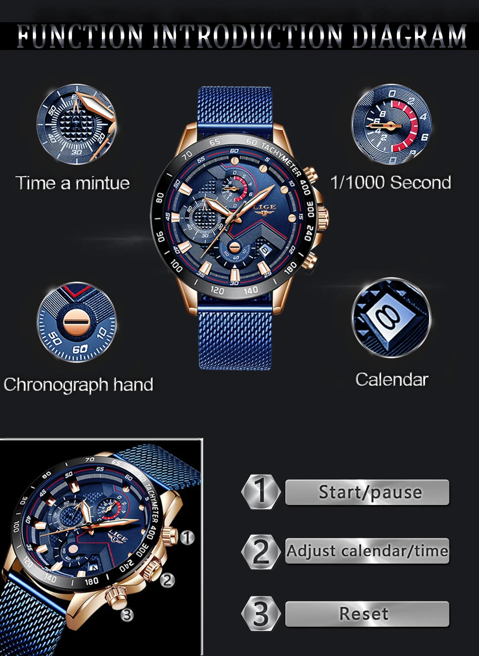 2025 New LIGE Fashion Mens Watches Stainless Steel Top Brand Luxury Sport Chronograph Quartz WithWatch For Men Relogio Masculino