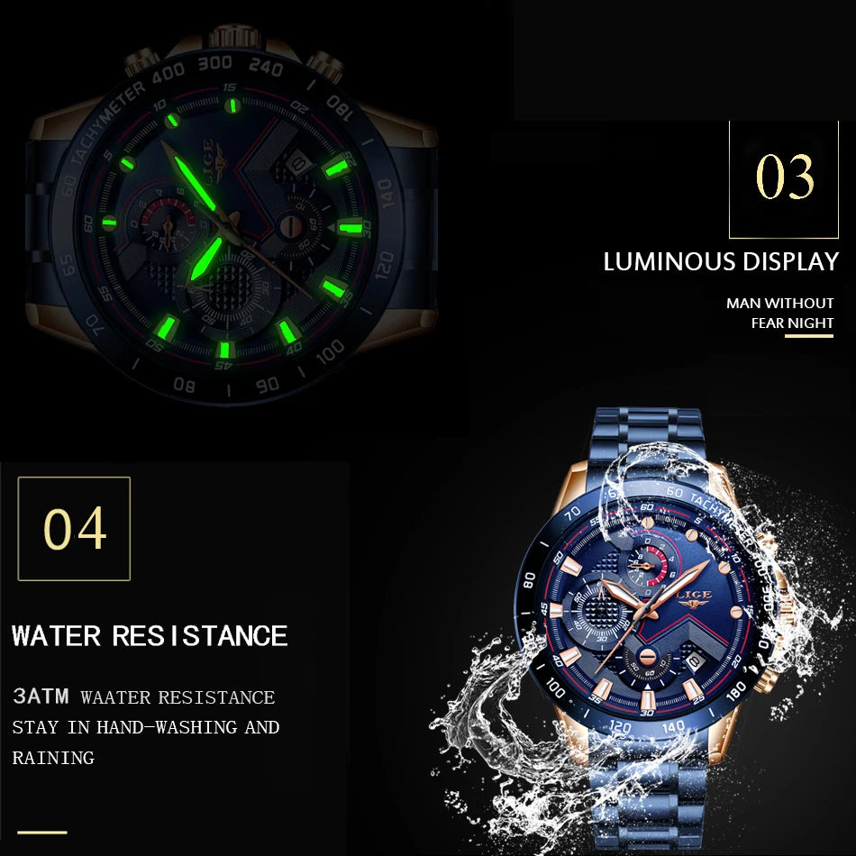 2025 New LIGE Fashion Mens Watches Stainless Steel Top Brand Luxury Sport Chronograph Quartz WithWatch For Men Relogio Masculino