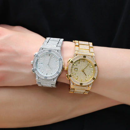 Uwin Round Full Iced Out Watches Men Stainless Steel Fashion Luxury Rhinestones Quartz Business Watch