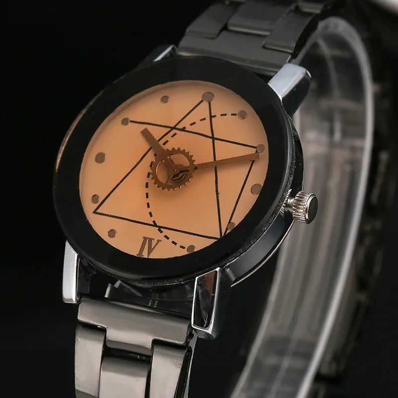 New Couple Watches Men Gear Triangle Pointer Compass Dial Second Hand Watch Women Stainless Steel Watches Relogio Feminino Clock