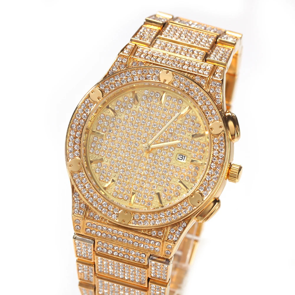 Uwin Round Full Iced Out Watches Men Stainless Steel Fashion Luxury Rhinestones Quartz Business Watch