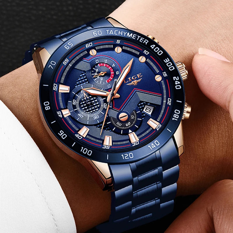 2025 New LIGE Fashion Mens Watches Stainless Steel Top Brand Luxury Sport Chronograph Quartz WithWatch For Men Relogio Masculino