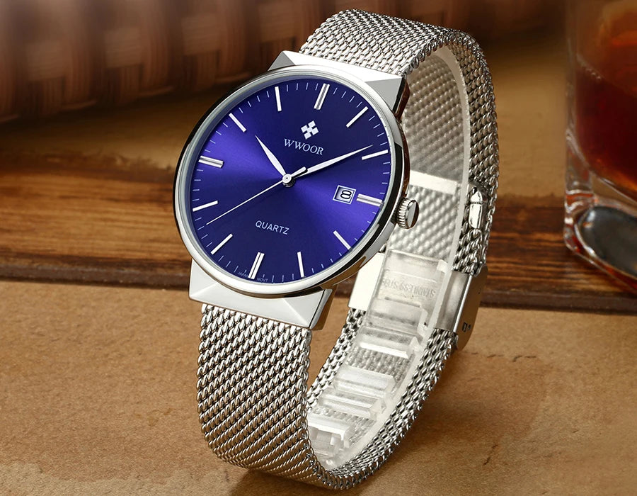 2022 Fashion Wwoor Top Brand Men Simple Slim Watches Luxury Gold Steel Mesh Ultra Thin Waterproof Date Wrist Watch Golden Clock