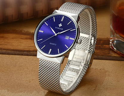 2022 Fashion Wwoor Top Brand Men Simple Slim Watches Luxury Gold Steel Mesh Ultra Thin Waterproof Date Wrist Watch Golden Clock