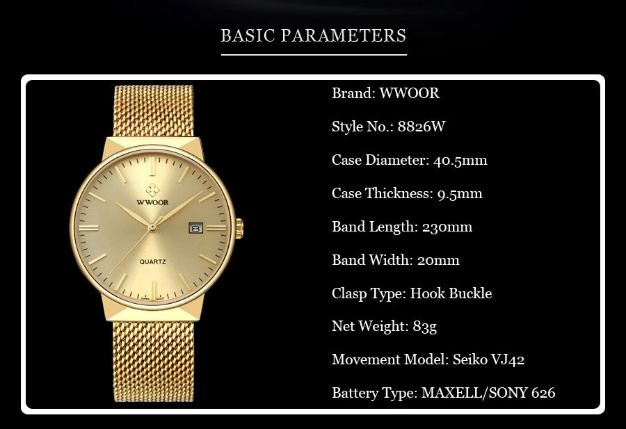2022 Fashion Wwoor Top Brand Men Simple Slim Watches Luxury Gold Steel Mesh Ultra Thin Waterproof Date Wrist Watch Golden Clock