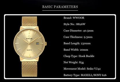 2022 Fashion Wwoor Top Brand Men Simple Slim Watches Luxury Gold Steel Mesh Ultra Thin Waterproof Date Wrist Watch Golden Clock