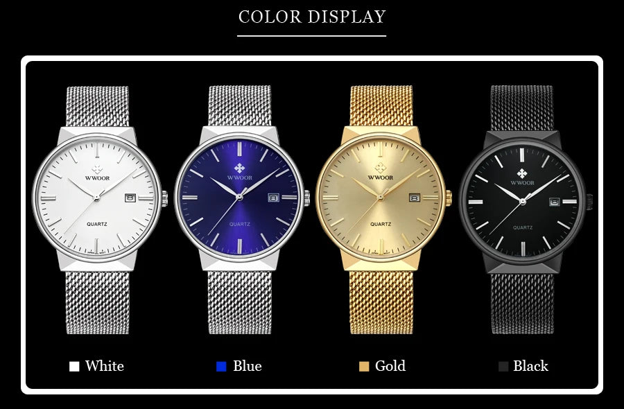 2022 Fashion Wwoor Top Brand Men Simple Slim Watches Luxury Gold Steel Mesh Ultra Thin Waterproof Date Wrist Watch Golden Clock