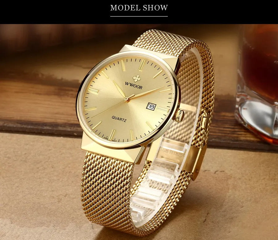 2022 Fashion Wwoor Top Brand Men Simple Slim Watches Luxury Gold Steel Mesh Ultra Thin Waterproof Date Wrist Watch Golden Clock