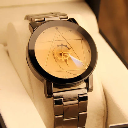 New Couple Watches Men Gear Triangle Pointer Compass Dial Second Hand Watch Women Stainless Steel Watches Relogio Feminino Clock