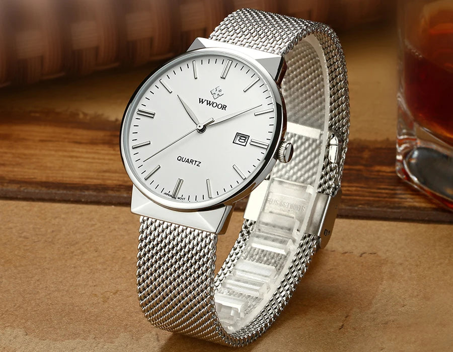 2022 Fashion Wwoor Top Brand Men Simple Slim Watches Luxury Gold Steel Mesh Ultra Thin Waterproof Date Wrist Watch Golden Clock
