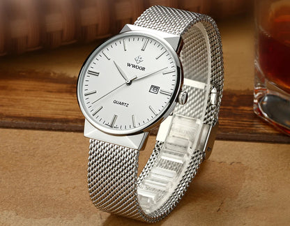 2022 Fashion Wwoor Top Brand Men Simple Slim Watches Luxury Gold Steel Mesh Ultra Thin Waterproof Date Wrist Watch Golden Clock