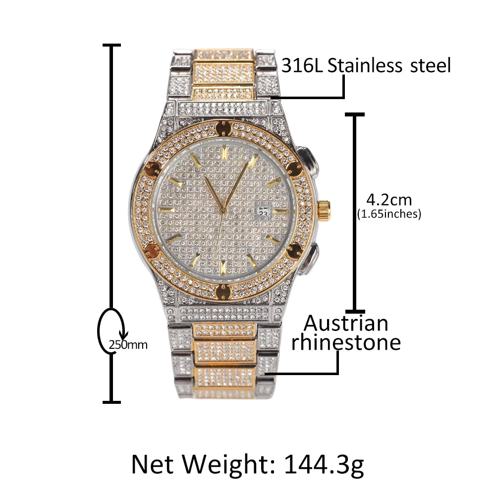 Uwin Round Full Iced Out Watches Men Stainless Steel Fashion Luxury Rhinestones Quartz Business Watch