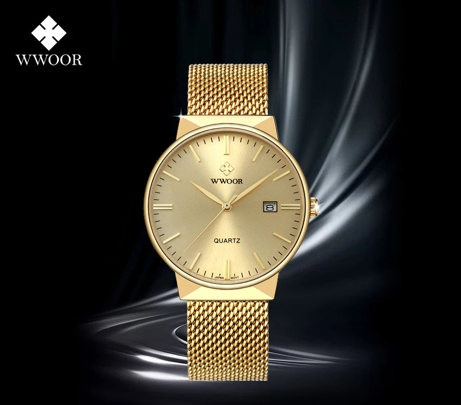 2022 Fashion Wwoor Top Brand Men Simple Slim Watches Luxury Gold Steel Mesh Ultra Thin Waterproof Date Wrist Watch Golden Clock