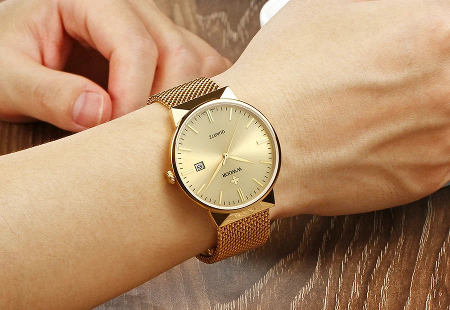 2022 Fashion Wwoor Top Brand Men Simple Slim Watches Luxury Gold Steel Mesh Ultra Thin Waterproof Date Wrist Watch Golden Clock