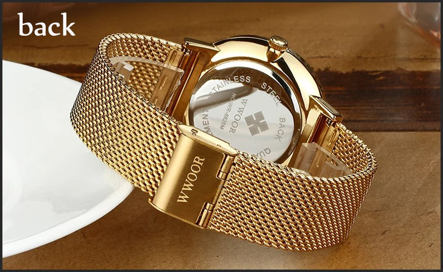 2022 Fashion Wwoor Top Brand Men Simple Slim Watches Luxury Gold Steel Mesh Ultra Thin Waterproof Date Wrist Watch Golden Clock