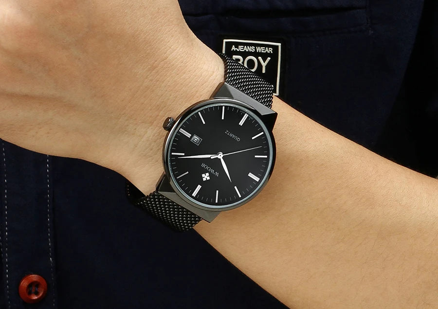 2022 Fashion Wwoor Top Brand Men Simple Slim Watches Luxury Gold Steel Mesh Ultra Thin Waterproof Date Wrist Watch Golden Clock