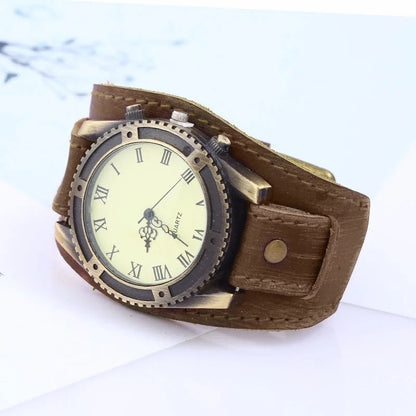 Men Watches Fashion Punk Vintage Cow Leather Wristwatch Roman Numbers Dial Casual Watch Quartz Watch Gift Vintage Watch For Men