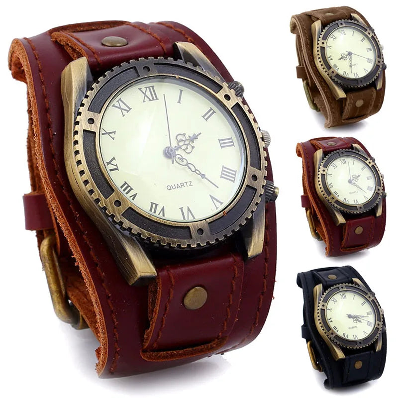 Men Watches Fashion Punk Vintage Cow Leather Wristwatch Roman Numbers Dial Casual Watch Quartz Watch Gift Vintage Watch For Men