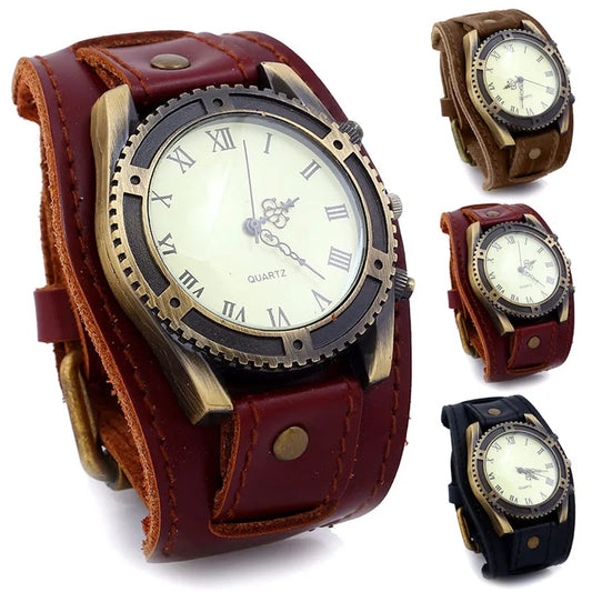 Men Watches Fashion Punk Vintage Cow Leather Wristwatch Roman Numbers Dial Casual Watch Quartz Watch Gift Vintage Watch For Men
