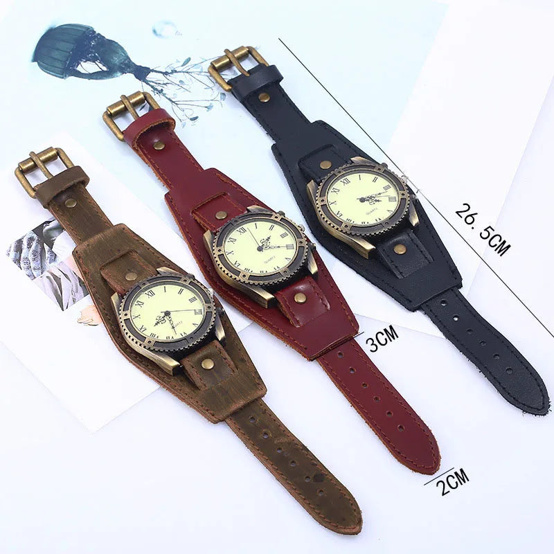 Men Watches Fashion Punk Vintage Cow Leather Wristwatch Roman Numbers Dial Casual Watch Quartz Watch Gift Vintage Watch For Men