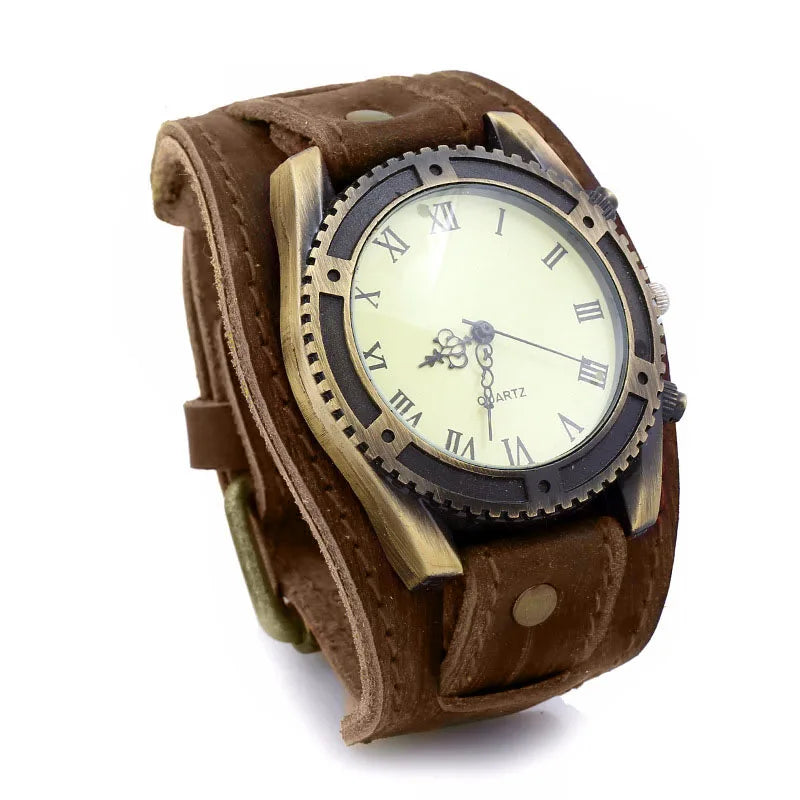 Men Watches Fashion Punk Vintage Cow Leather Wristwatch Roman Numbers Dial Casual Watch Quartz Watch Gift Vintage Watch For Men
