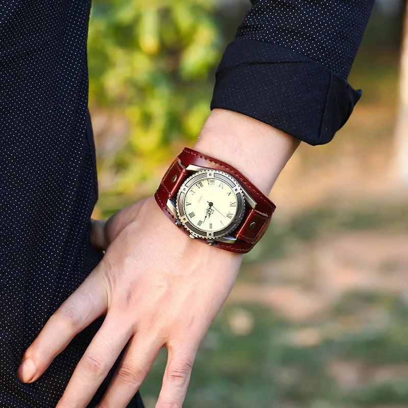 Men Watches Fashion Punk Vintage Cow Leather Wristwatch Roman Numbers Dial Casual Watch Quartz Watch Gift Vintage Watch For Men