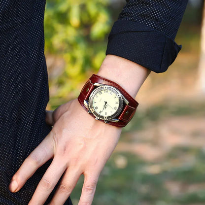 Men Watches Fashion Punk Vintage Cow Leather Wristwatch Roman Numbers Dial Casual Watch Quartz Watch Gift Vintage Watch For Men