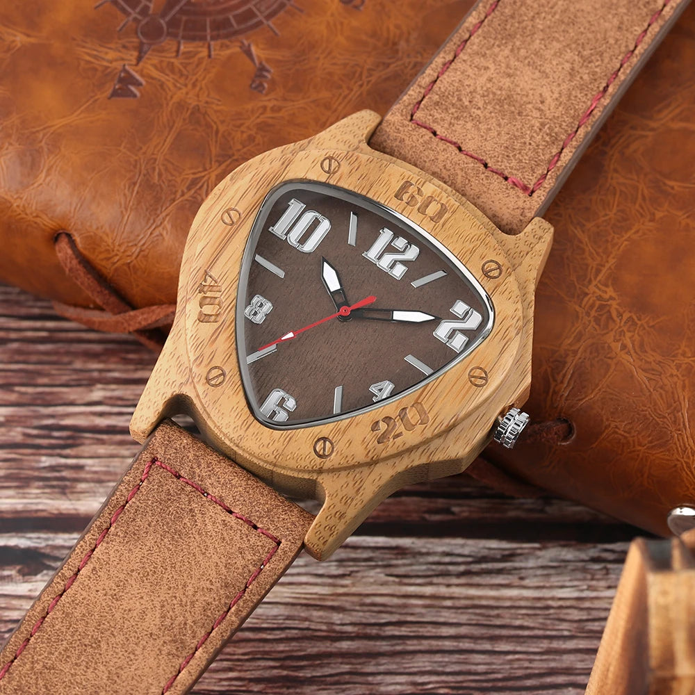 Unique Wooden Watches for Men Sport Racing Design Geometric Triangle Man's Quartz Watch Bamboo Relogio Masculino Orologio Uomo