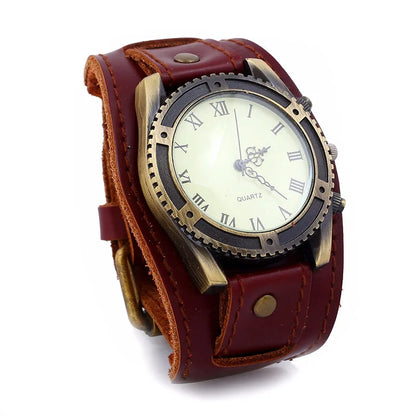 Men Watches Fashion Punk Vintage Cow Leather Wristwatch Roman Numbers Dial Casual Watch Quartz Watch Gift Vintage Watch For Men