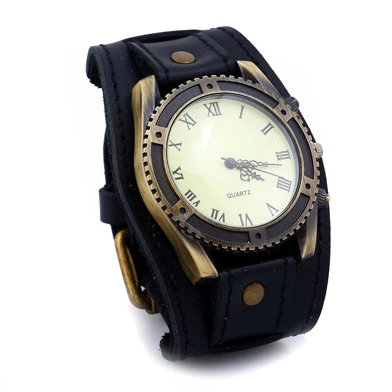 Men Watches Fashion Punk Vintage Cow Leather Wristwatch Roman Numbers Dial Casual Watch Quartz Watch Gift Vintage Watch For Men