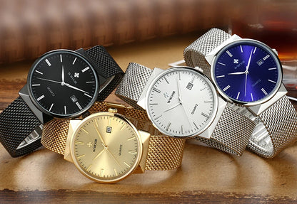 2022 Fashion Wwoor Top Brand Men Simple Slim Watches Luxury Gold Steel Mesh Ultra Thin Waterproof Date Wrist Watch Golden Clock