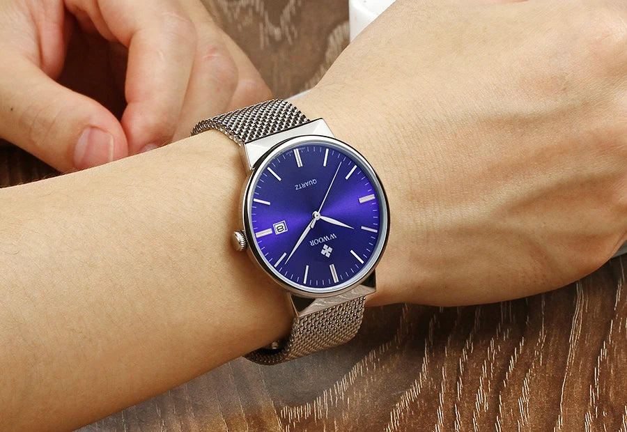 2022 Fashion Wwoor Top Brand Men Simple Slim Watches Luxury Gold Steel Mesh Ultra Thin Waterproof Date Wrist Watch Golden Clock