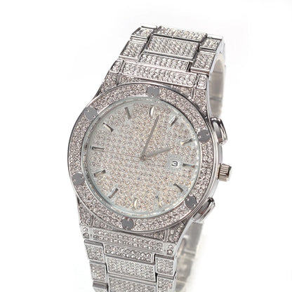 Uwin Round Full Iced Out Watches Men Stainless Steel Fashion Luxury Rhinestones Quartz Business Watch