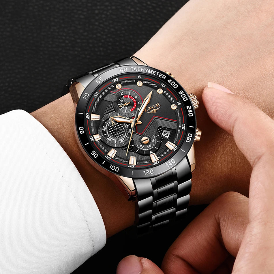 2025 New LIGE Fashion Mens Watches Stainless Steel Top Brand Luxury Sport Chronograph Quartz WithWatch For Men Relogio Masculino