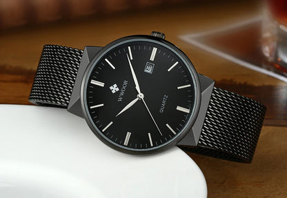 2022 Fashion Wwoor Top Brand Men Simple Slim Watches Luxury Gold Steel Mesh Ultra Thin Waterproof Date Wrist Watch Golden Clock