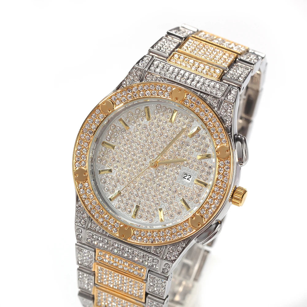 Uwin Round Full Iced Out Watches Men Stainless Steel Fashion Luxury Rhinestones Quartz Business Watch