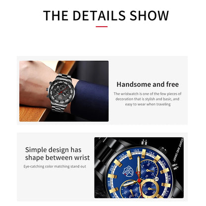 Fashion Mens Watches Luxury Men Sports Gold Stainless Steel Quartz Wrist Watch Man Business Casual Leather Watch часы мужские