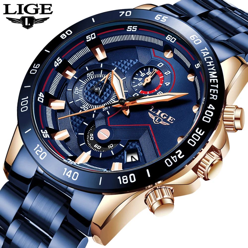 2025 New LIGE Fashion Mens Watches Stainless Steel Top Brand Luxury Sport Chronograph Quartz WithWatch For Men Relogio Masculino