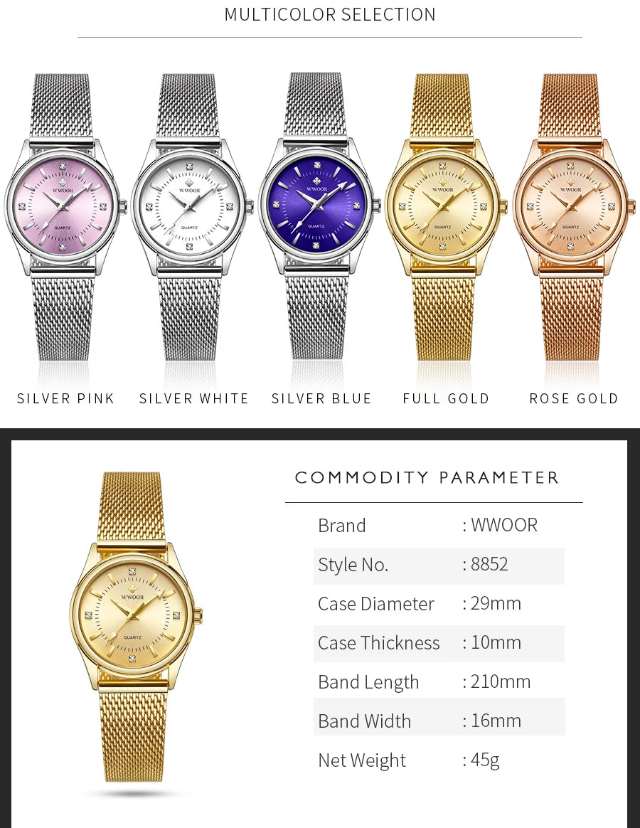 WWOOR Luxury Brand Dress Gold Watch Ladies Elegant Diamond Small Quartz Wrist Watches For Women Steel Mesh Clock zegarek damski