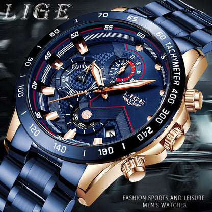 2025 New LIGE Fashion Mens Watches Stainless Steel Top Brand Luxury Sport Chronograph Quartz WithWatch For Men Relogio Masculino